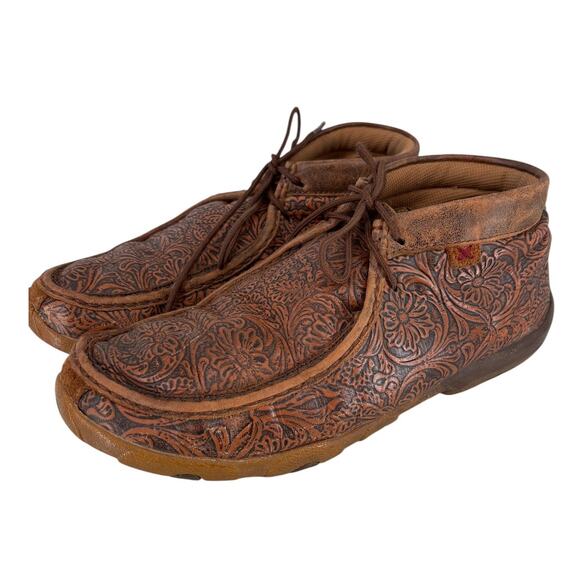 Twisted X Tooled Leather Lace Up Casual Driving Moc Shoe Ankle Boot Womens 11 - Picture 1 of 9